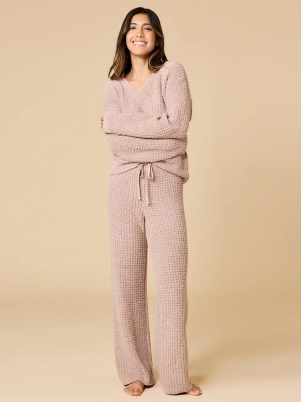 Softies Waffle Marshmallow V-Neck Luxe Lounge Set in Coco, Size Large